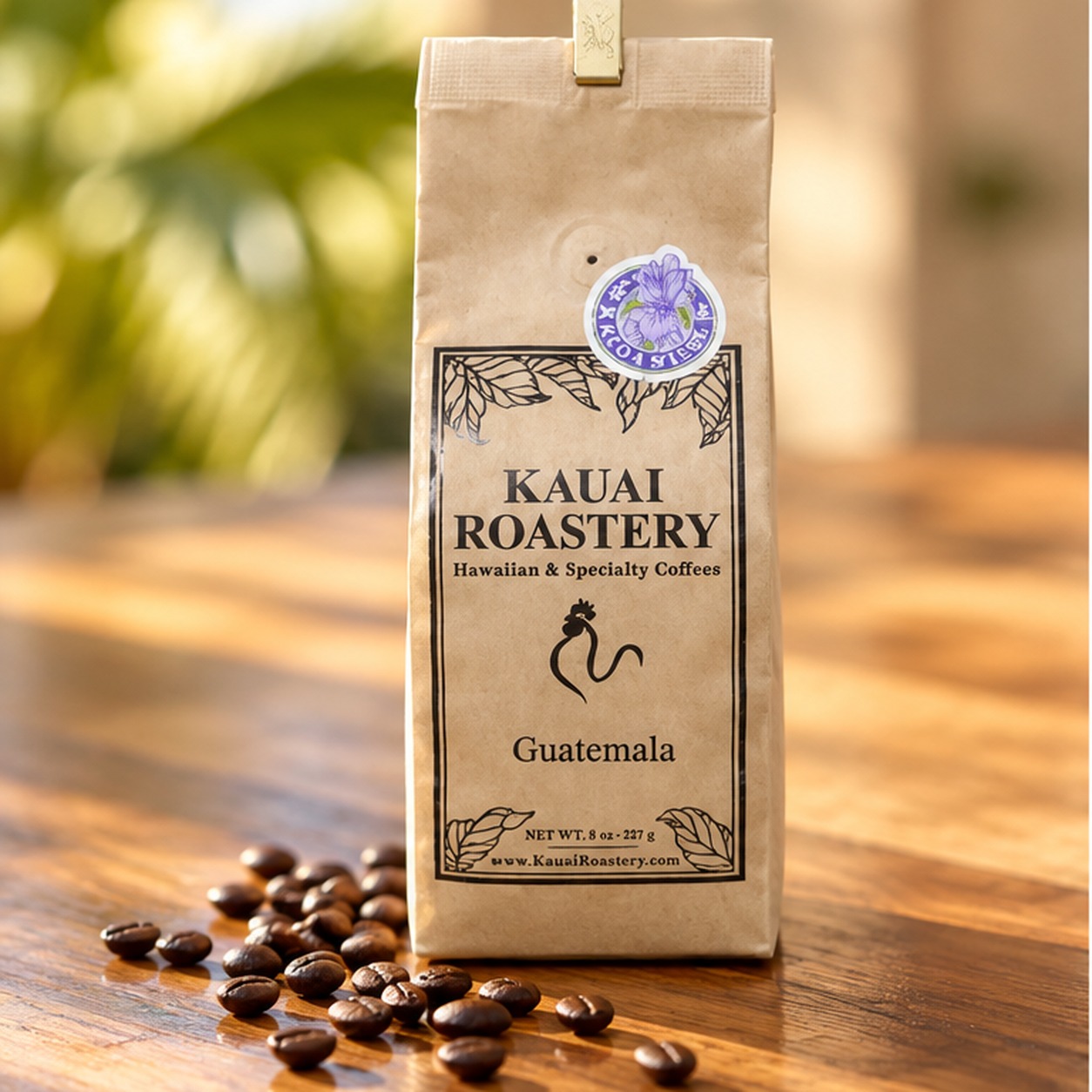 Kauai Roastery Guatemala package in warm morning light